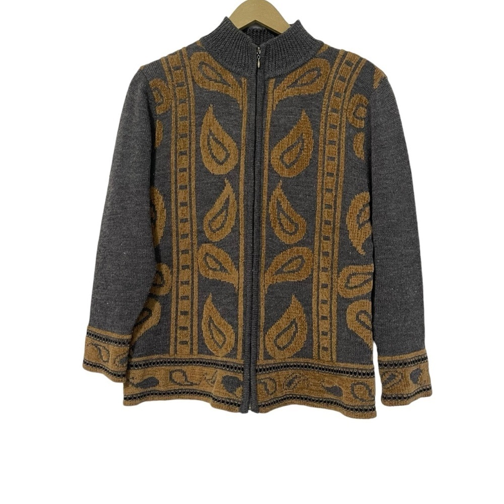 Pendleton Gray Gold Paisley Wool Blend Knit Full Zip Sweater Cardigan Medium